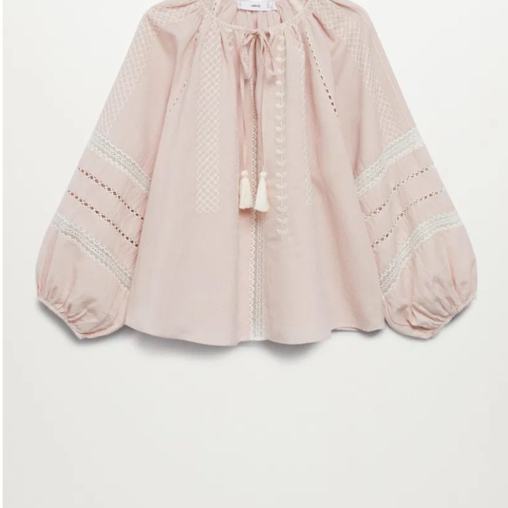 Mango Embroidered Linen Cotton Blouse Balloon  Sleeve washed pink sz med/6 - Picture 2 of 13